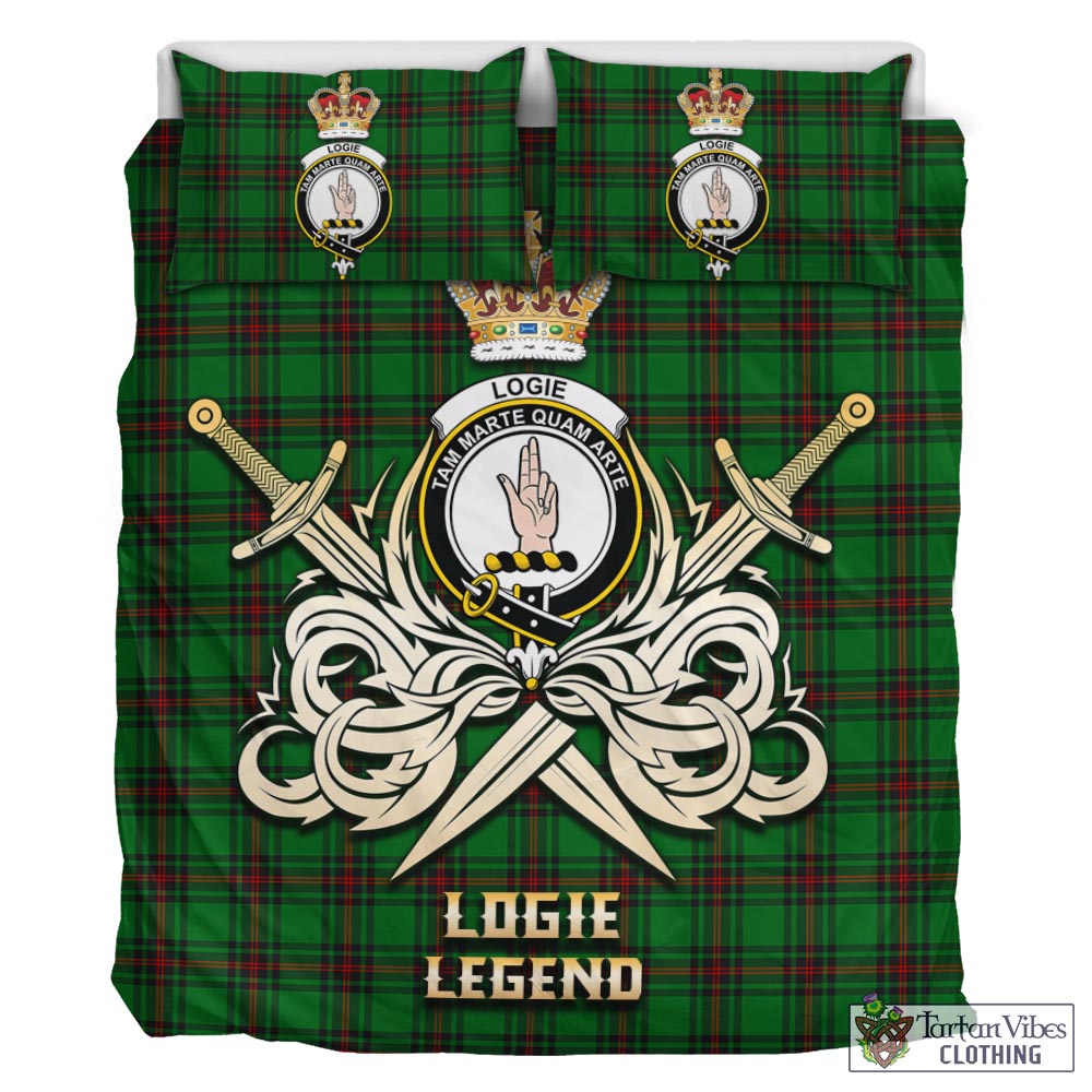 Tartan Vibes Clothing Logie Tartan Bedding Set with Clan Crest and the Golden Sword of Courageous Legacy