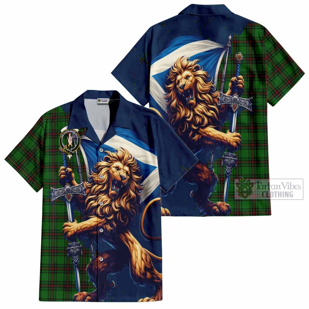 Tartan Vibes Clothing Logie Tartan Family Crest Short Sleeve Button Shirt with Scottish Majestic Lion