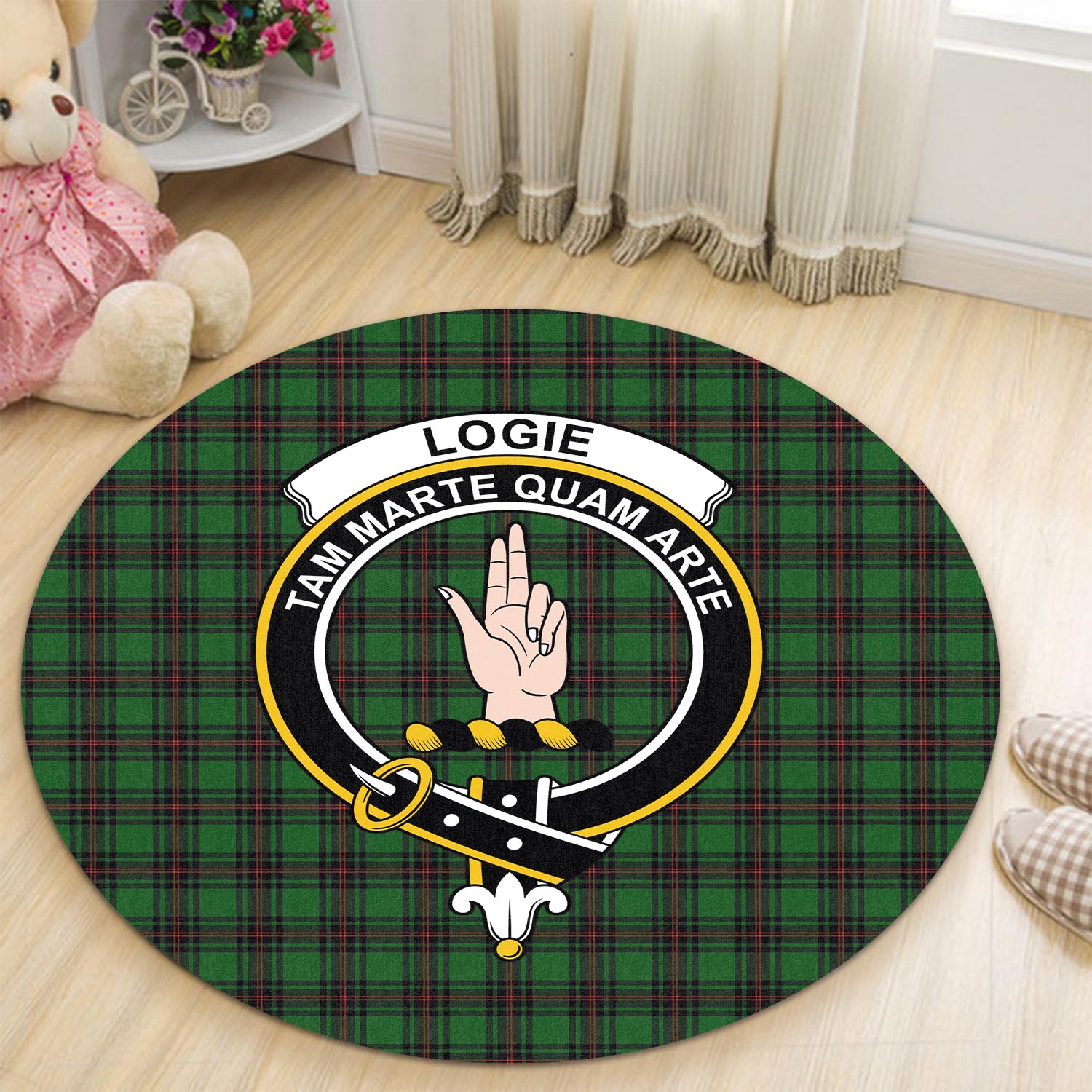 logie-tartan-round-rug-with-family-crest