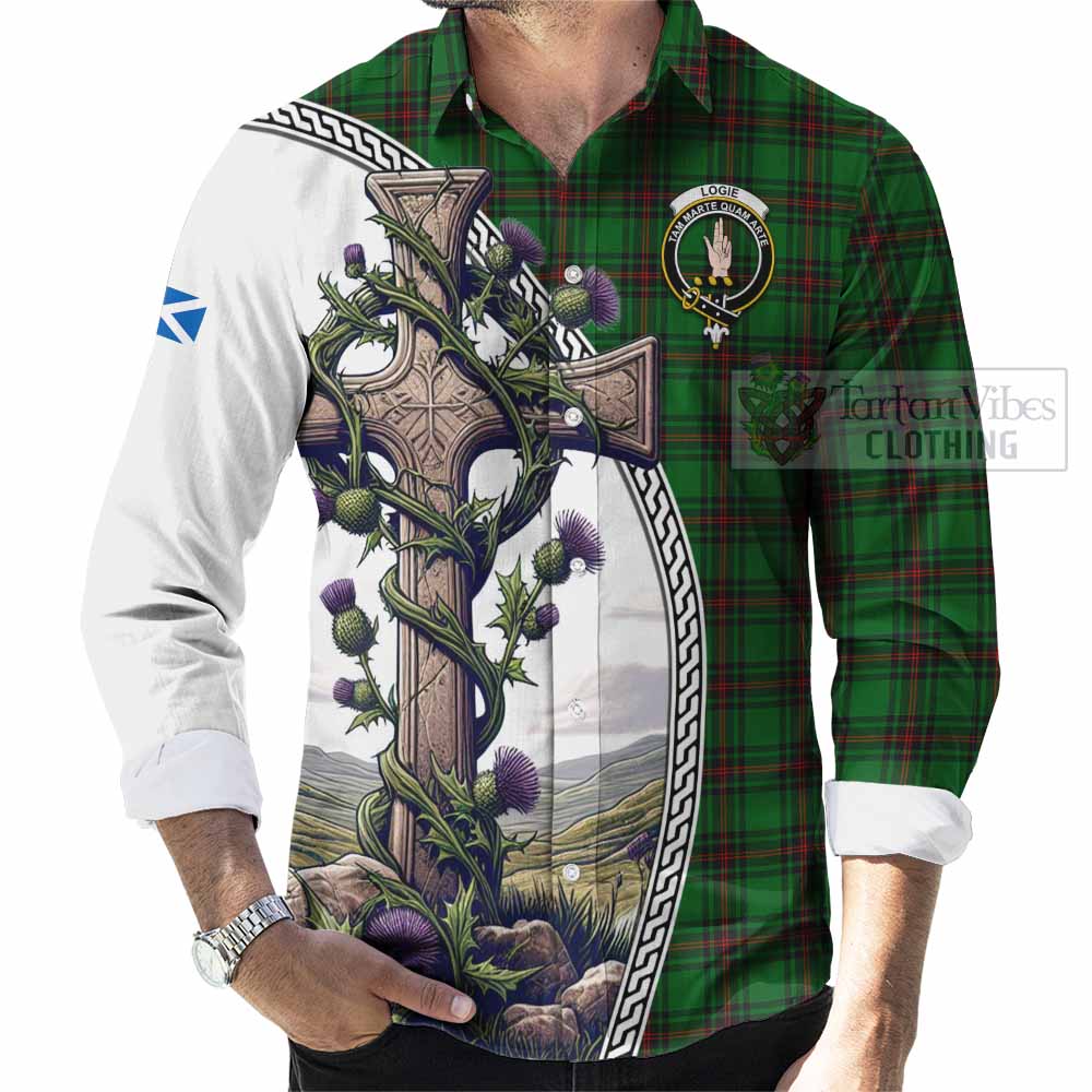 Tartan Vibes Clothing Logie Tartan Long Sleeve Button Shirt with Family Crest and St. Andrew's Cross Accented by Thistle Vines