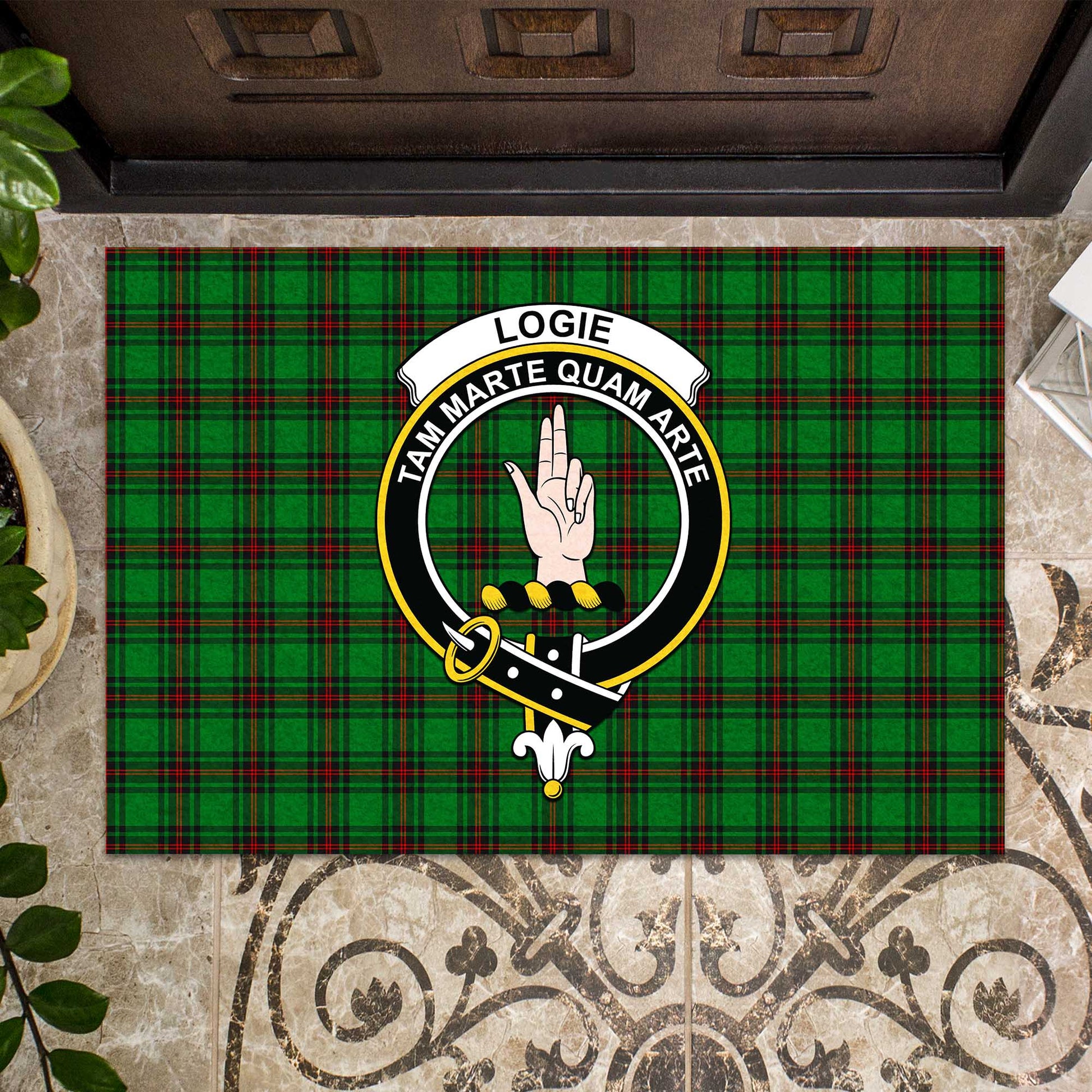 Logie Tartan Door Mat with Family Crest - Tartanvibesclothing