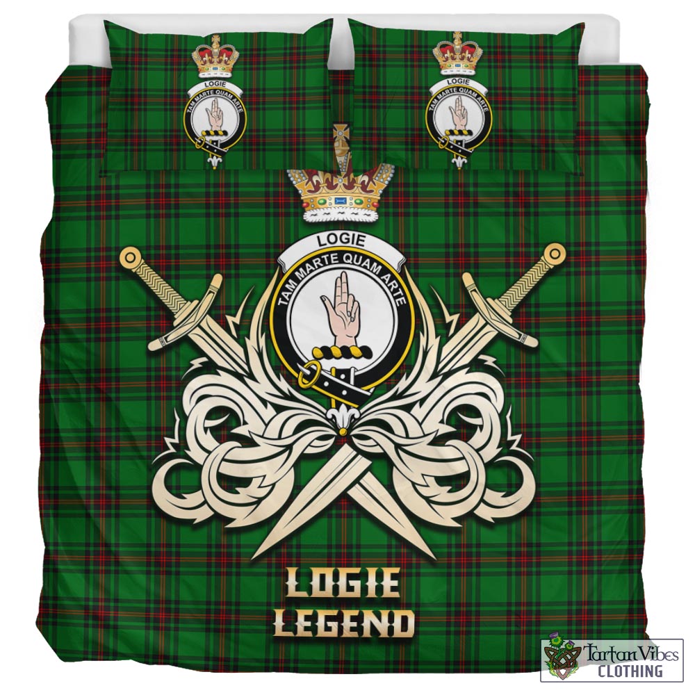 Tartan Vibes Clothing Logie Tartan Bedding Set with Clan Crest and the Golden Sword of Courageous Legacy