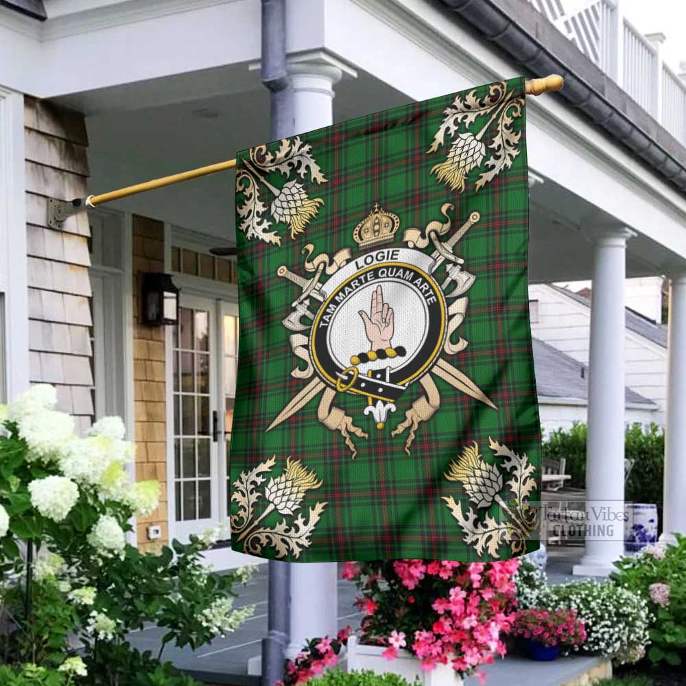 Tartan Vibes Clothing Logie Tartan Flag with Family Crest and Golden Thistle Crossed Sword Design