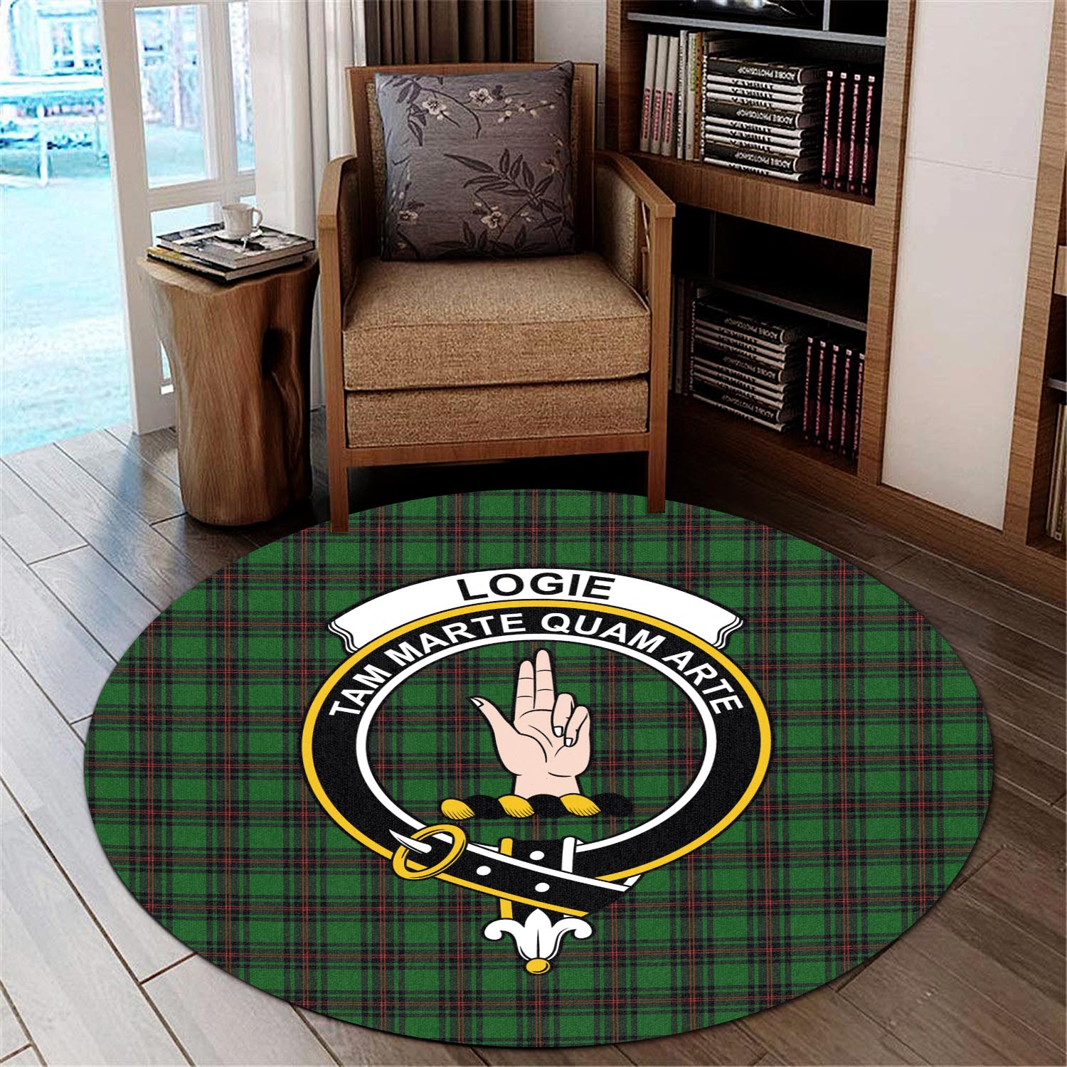 logie-tartan-round-rug-with-family-crest