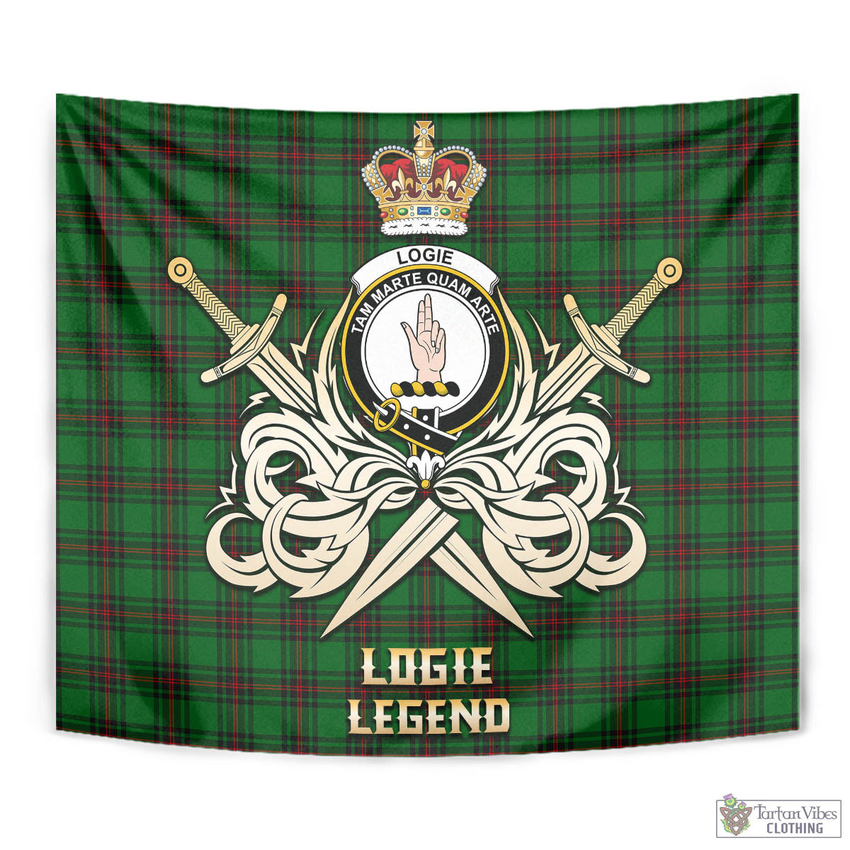 Tartan Vibes Clothing Logie Tartan Tapestry with Clan Crest and the Golden Sword of Courageous Legacy