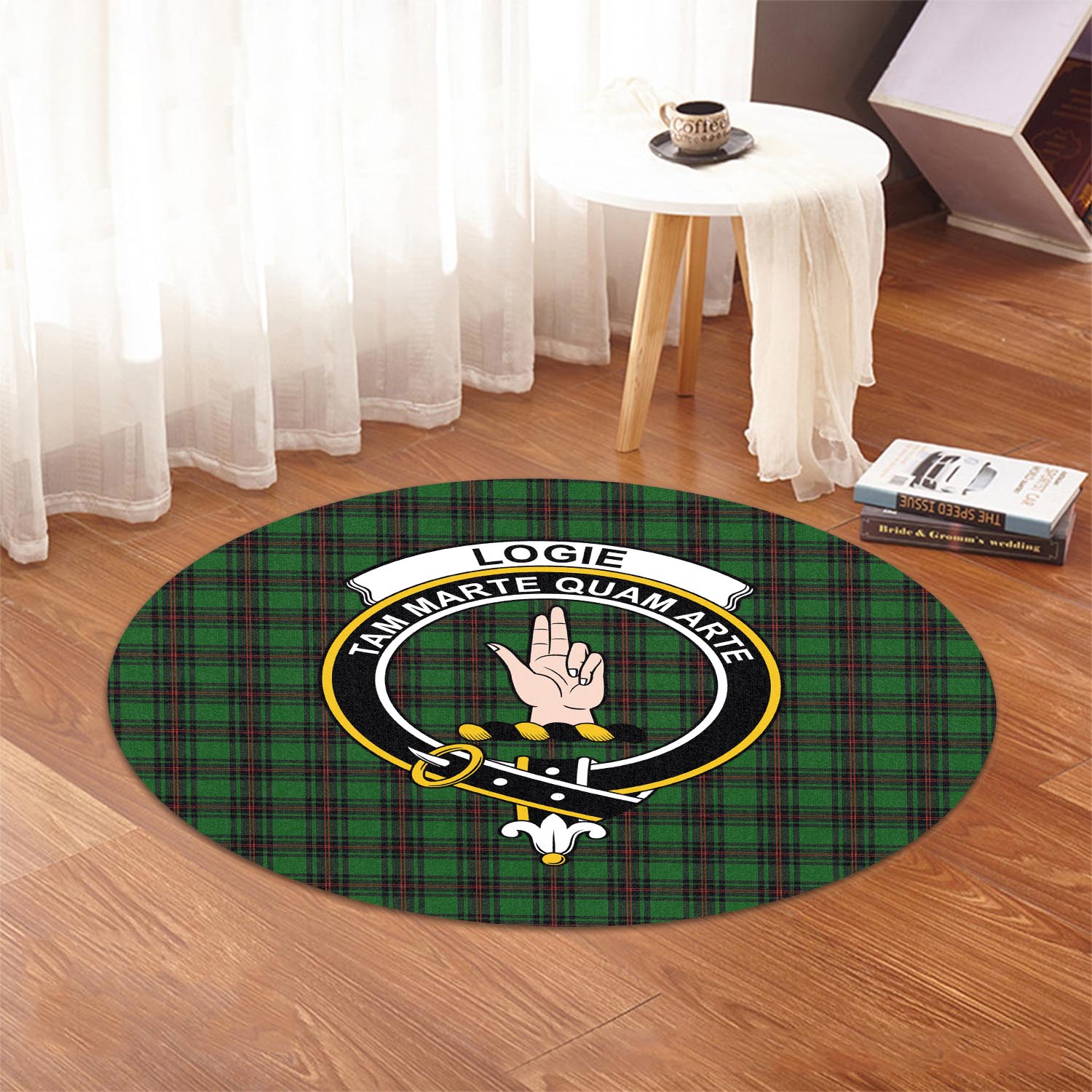 logie-tartan-round-rug-with-family-crest