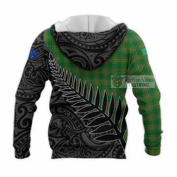 Long Irish Clan Tartan Knitted Hoodie with Coat of Arms New Zealand Silver Fern Half Style - Tartan Vibes Clothing