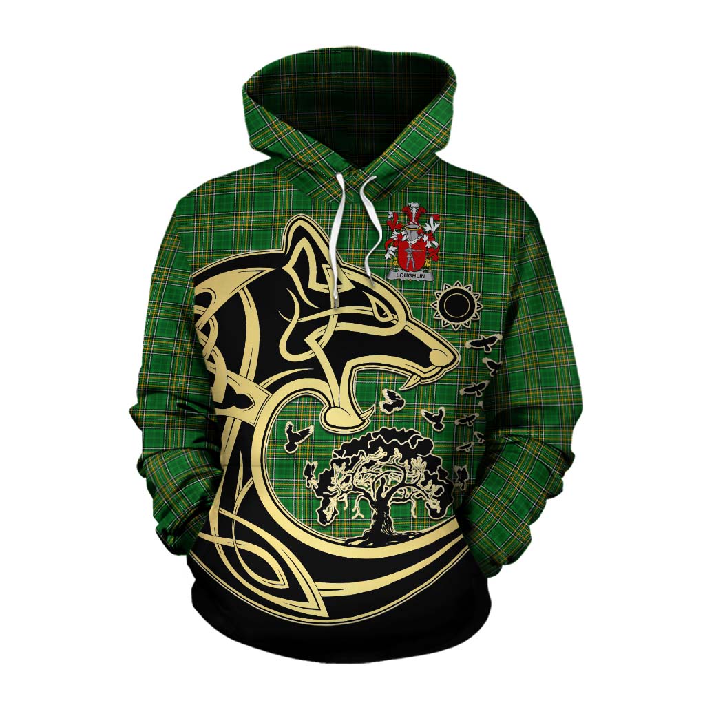 Tartan Vibes Clothing Loughlin Irish Tartan Cotton Hoodie with Coat of Arms Celtic Wolf Style