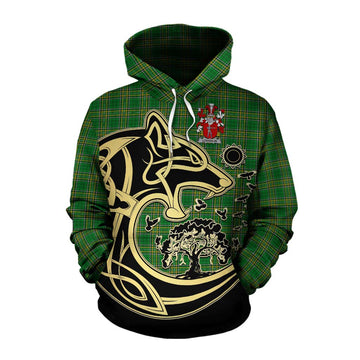 Loughlin Irish Tartan Cotton Hoodie with Coat of Arms Celtic Wolf Style