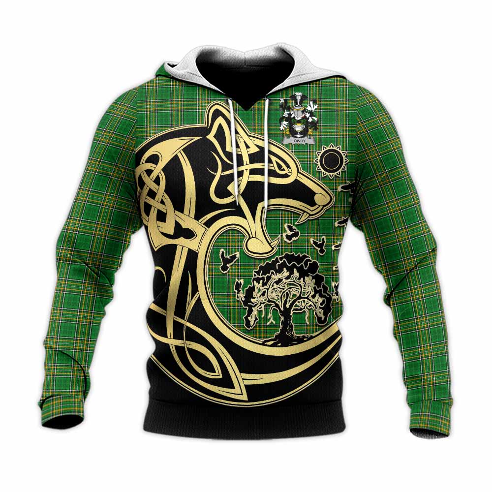 Tartan Vibes Clothing Lowry Irish Tartan Knitted Hoodie with Coat of Arms Celtic Wolf Style