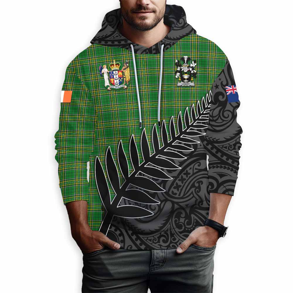 Tartan Vibes Clothing Lowry Irish Clan Tartan Hoodie with Coat of Arms New Zealand Silver Fern Half Style