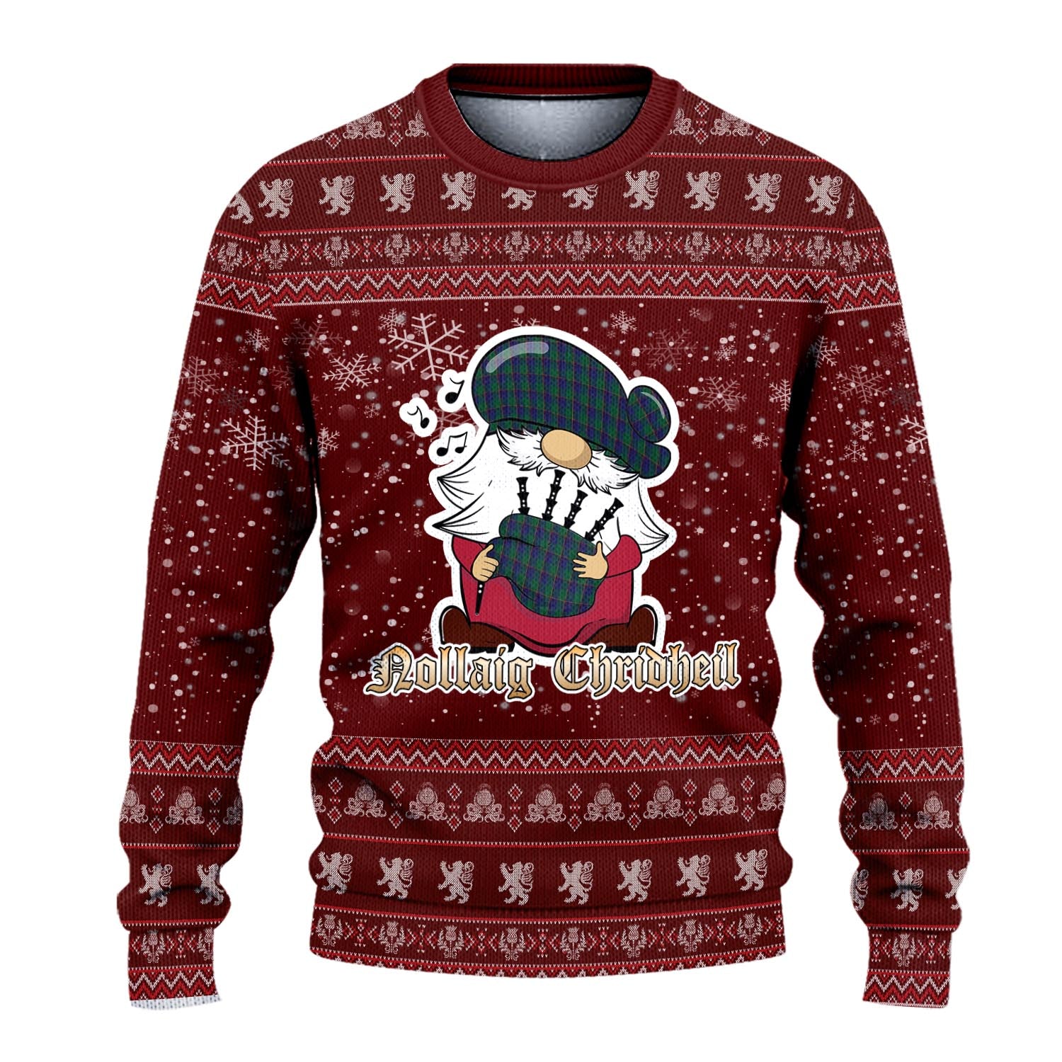 Lowry Clan Christmas Family Knitted Sweater with Funny Gnome Playing Bagpipes - Tartanvibesclothing