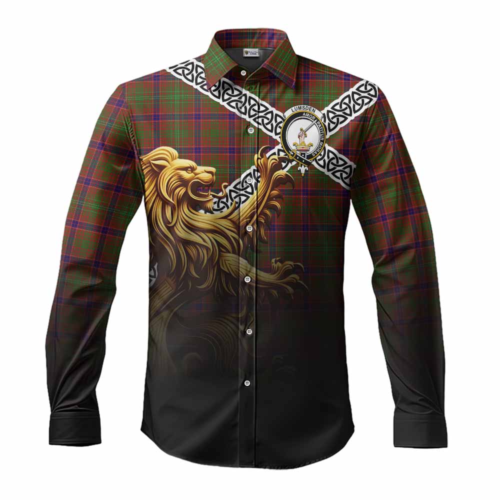 Lumsden Crest Tartan Long Sleeve Button Shirt with Golden Lion Emblem Celtic Style Men's Shirt S - Tartan Vibes Clothing
