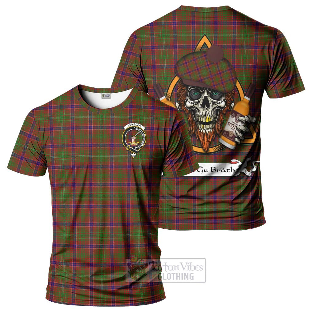 Tartan Vibes Clothing Lumsden Tartan T-Shirt with Family Crest and Bearded Skull Holding Bottles of Whiskey