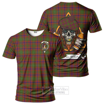 Lumsden Tartan T-Shirt with Family Crest and Bearded Skull Holding Bottles of Whiskey