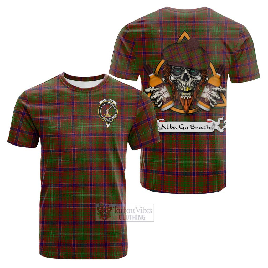 Tartan Vibes Clothing Lumsden Tartan Cotton T-shirt with Family Crest and Bearded Skull Holding Bottles of Whiskey