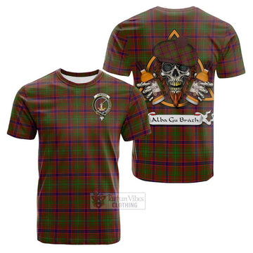 Lumsden Tartan Cotton T-shirt with Family Crest and Bearded Skull Holding Bottles of Whiskey