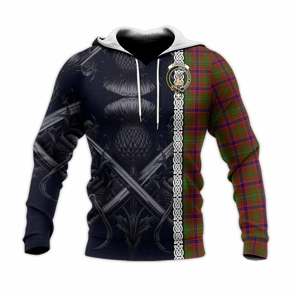 Tartan Vibes Clothing Lumsden Tartan Knitted Hoodie with Family Crest Cross Sword Thistle Celtic Vibes