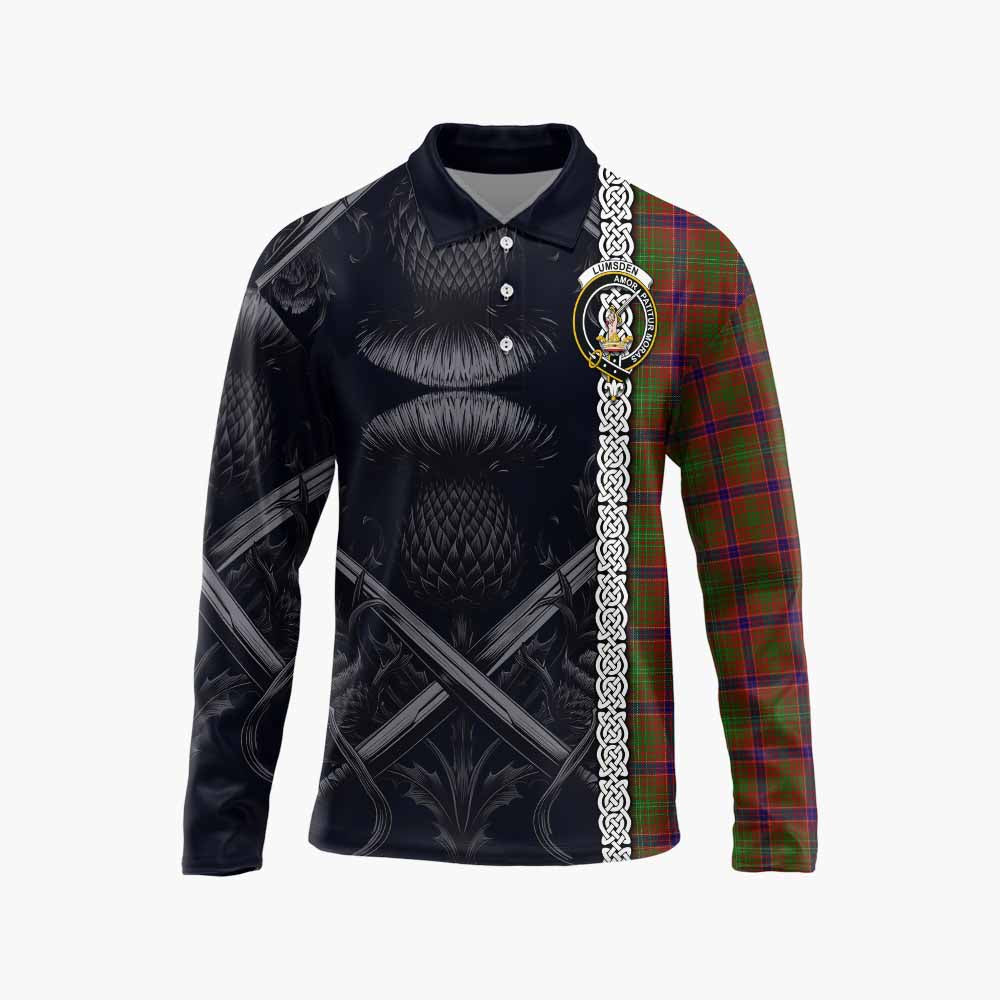 Tartan Vibes Clothing Lumsden Tartan Long Sleeve Polo Shirt with Family Crest Cross Sword Thistle Celtic Vibes