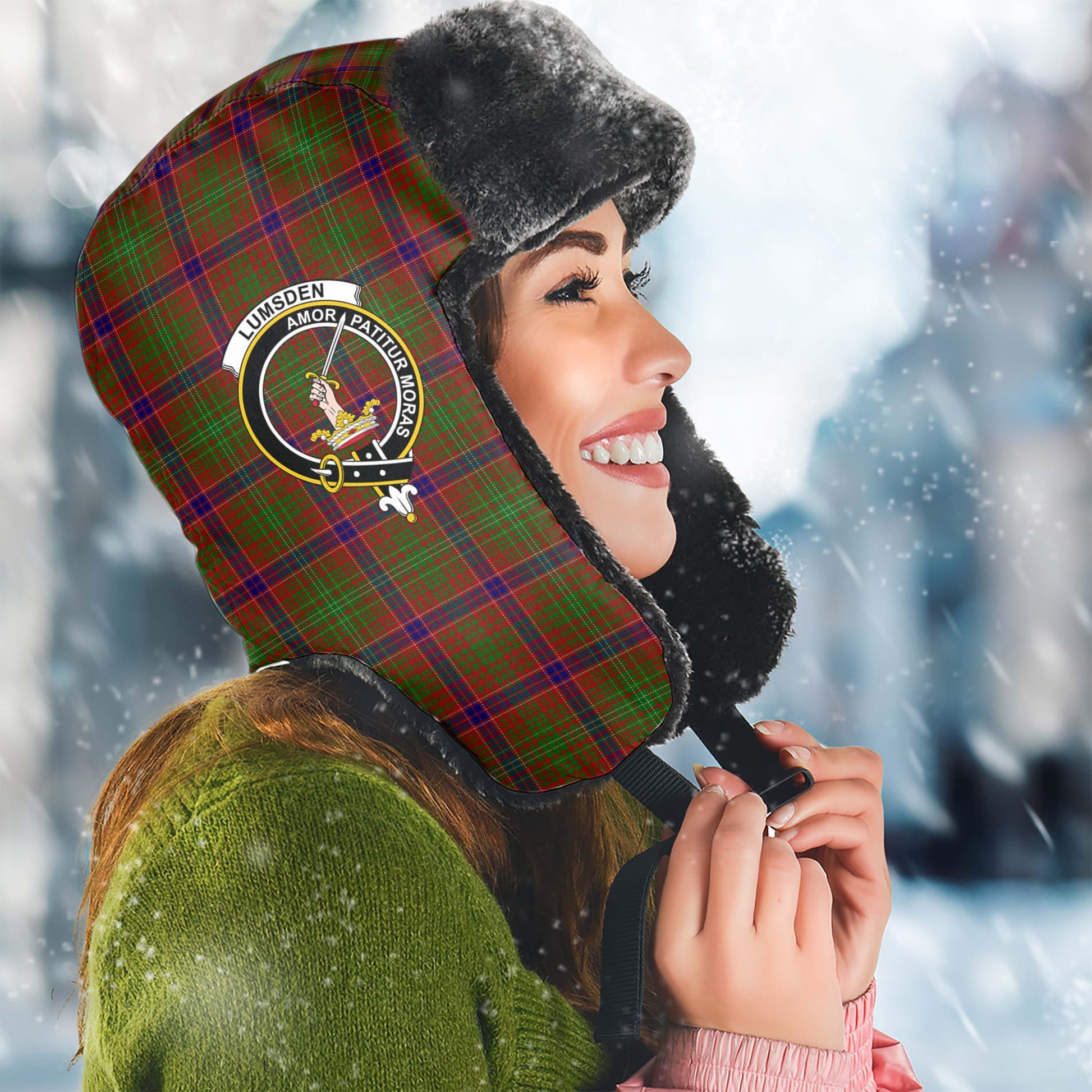 Lumsden Tartan Winter Trapper Hat with Family Crest Winter Trapper Hat Universal Fit Circumference 22.8in (58cm) - Tartanvibesclothing