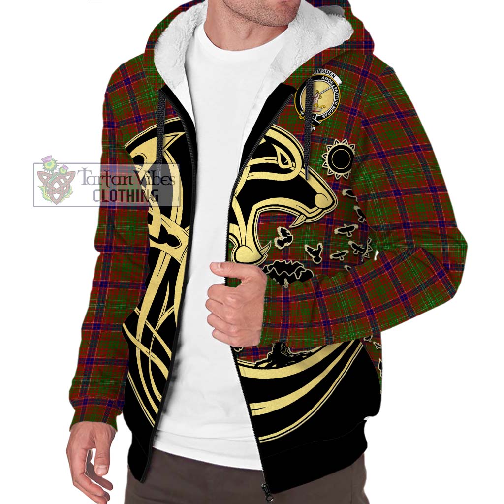Tartan Vibes Clothing Lumsden Tartan Sherpa Hoodie with Family Crest Celtic Wolf Style