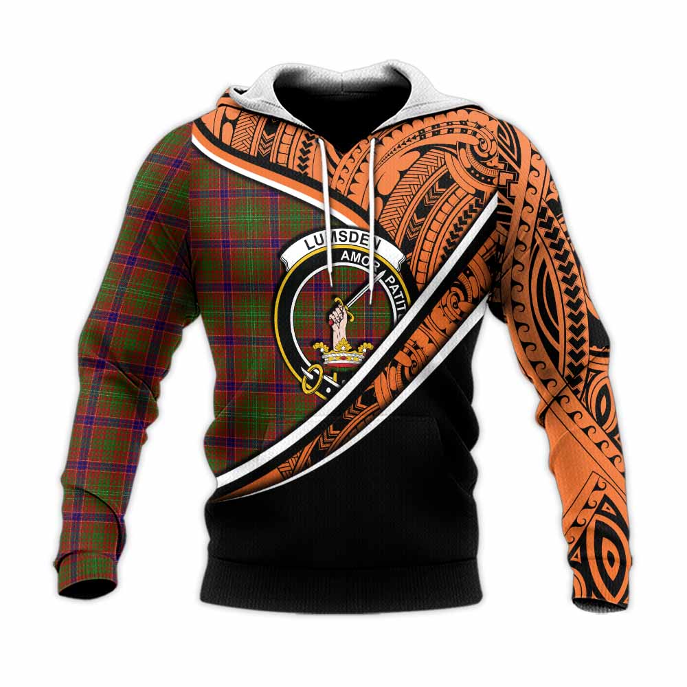 Tartan Vibes Clothing Lumsden Crest Tartan Knitted Hoodie with Maori Tattoo Style - Orange Version