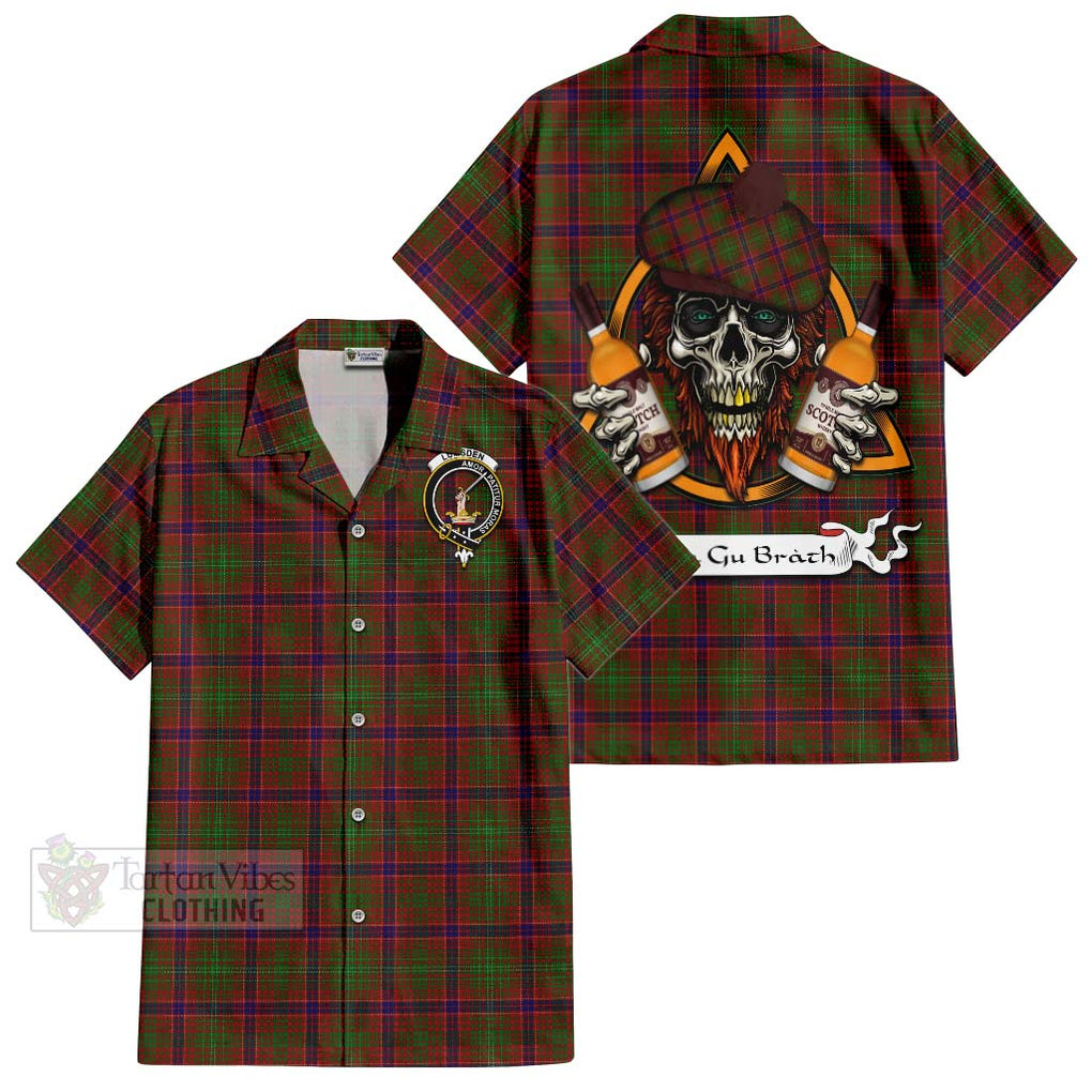 Tartan Vibes Clothing Lumsden Tartan Short Sleeve Button Shirt with Family Crest and Bearded Skull Holding Bottles of Whiskey