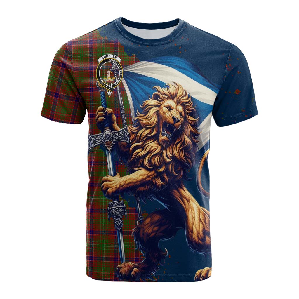 Tartan Vibes Clothing Lumsden Tartan Family Crest Cotton T-shirt with Scottish Majestic Lion