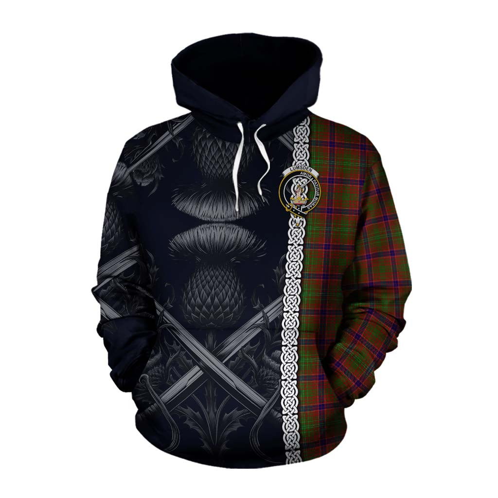 Tartan Vibes Clothing Lumsden Tartan Cotton Hoodie with Family Crest Cross Sword Thistle Celtic Vibes