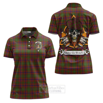 Lumsden Tartan Women's Polo Shirt with Family Crest and Bearded Skull Holding Bottles of Whiskey