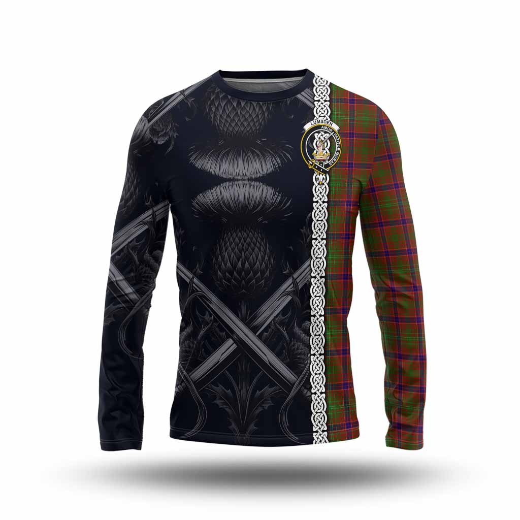 Tartan Vibes Clothing Lumsden Tartan Long Sleeve T-Shirt with Family Crest Cross Sword Thistle Celtic Vibes