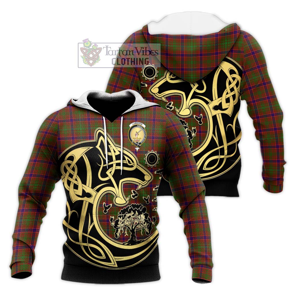 Tartan Vibes Clothing Lumsden Tartan Knitted Hoodie with Family Crest Celtic Wolf Style