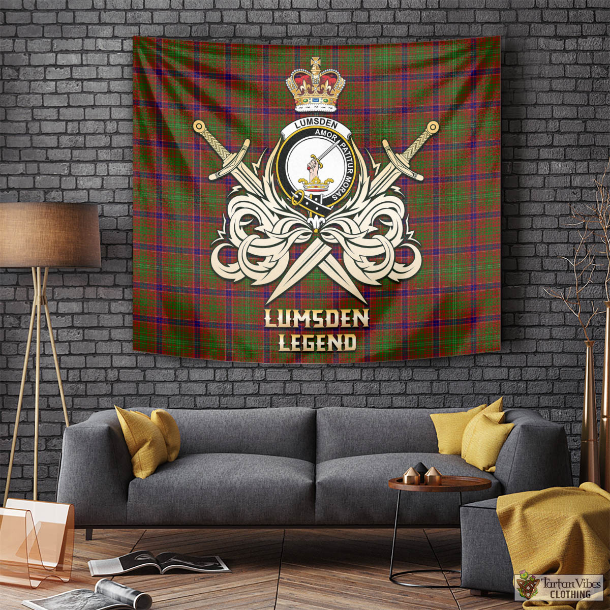 Tartan Vibes Clothing Lumsden Tartan Tapestry with Clan Crest and the Golden Sword of Courageous Legacy