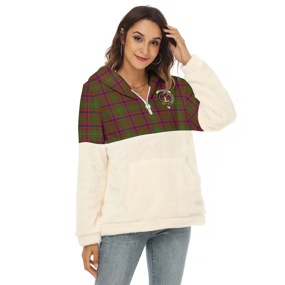 Lumsden Tartan Women's Borg Fleece Hoodie With Half Zip with Family Crest Female - Tartan Vibes Clothing