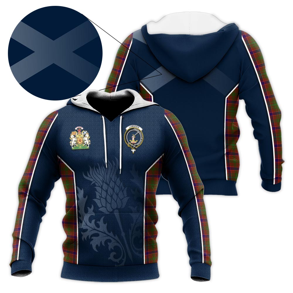 Tartan Vibes Clothing Lumsden Tartan Knitted Hoodie with Family Crest and Scottish Thistle Vibes Sport Style
