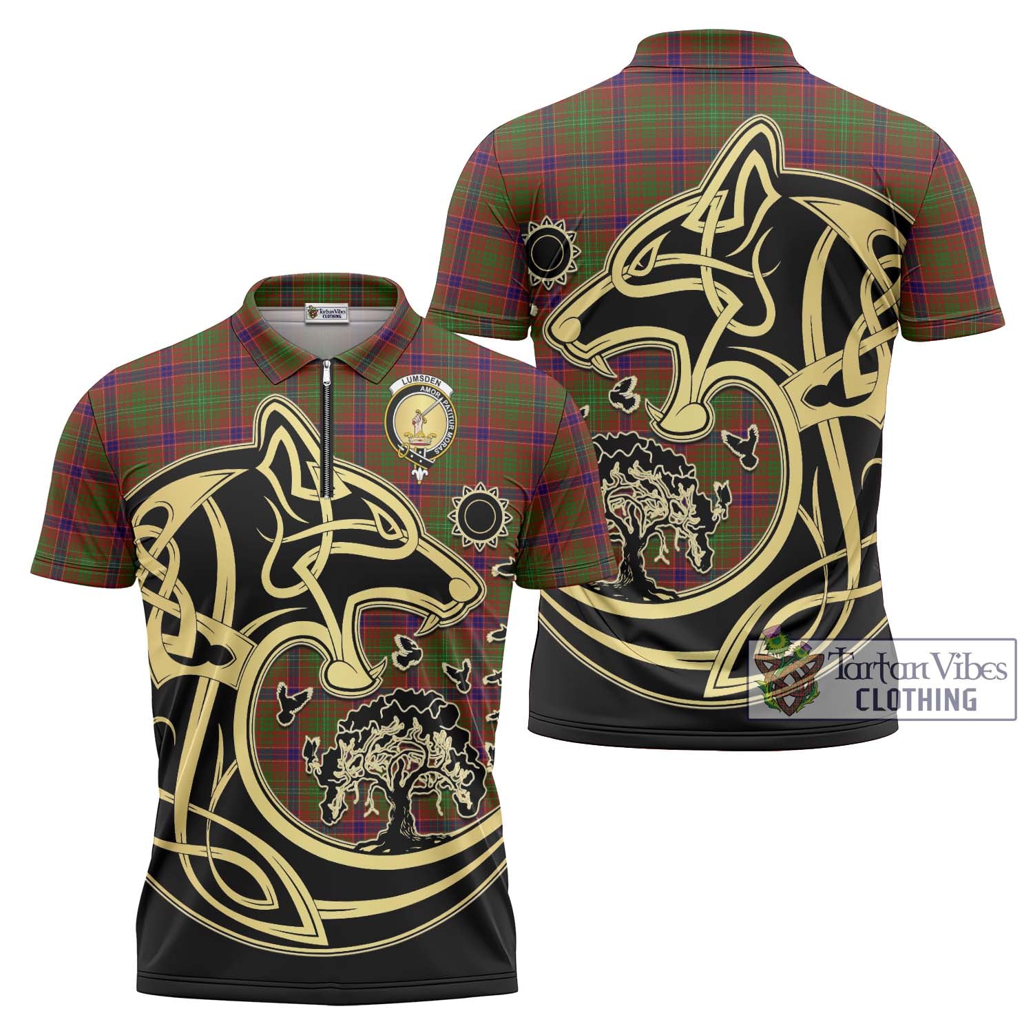 Tartan Vibes Clothing Lumsden Tartan Zipper Polo Shirt with Family Crest Celtic Wolf Style