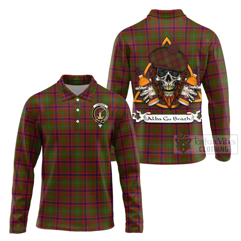 Tartan Vibes Clothing Lumsden Tartan Long Sleeve Polo Shirt with Family Crest and Bearded Skull Holding Bottles of Whiskey