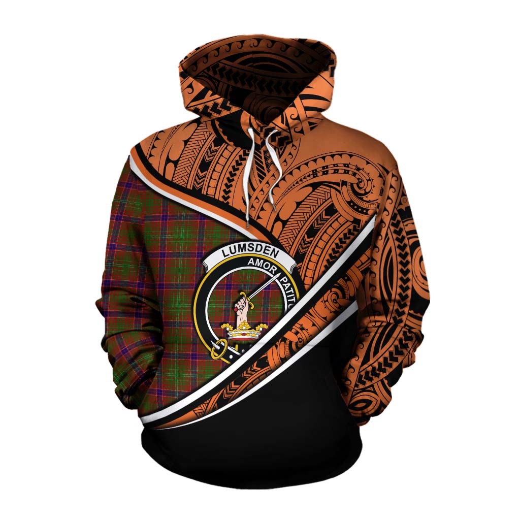 Tartan Vibes Clothing Lumsden Crest Tartan Cotton Hoodie with Maori Tattoo Style - Orange Version