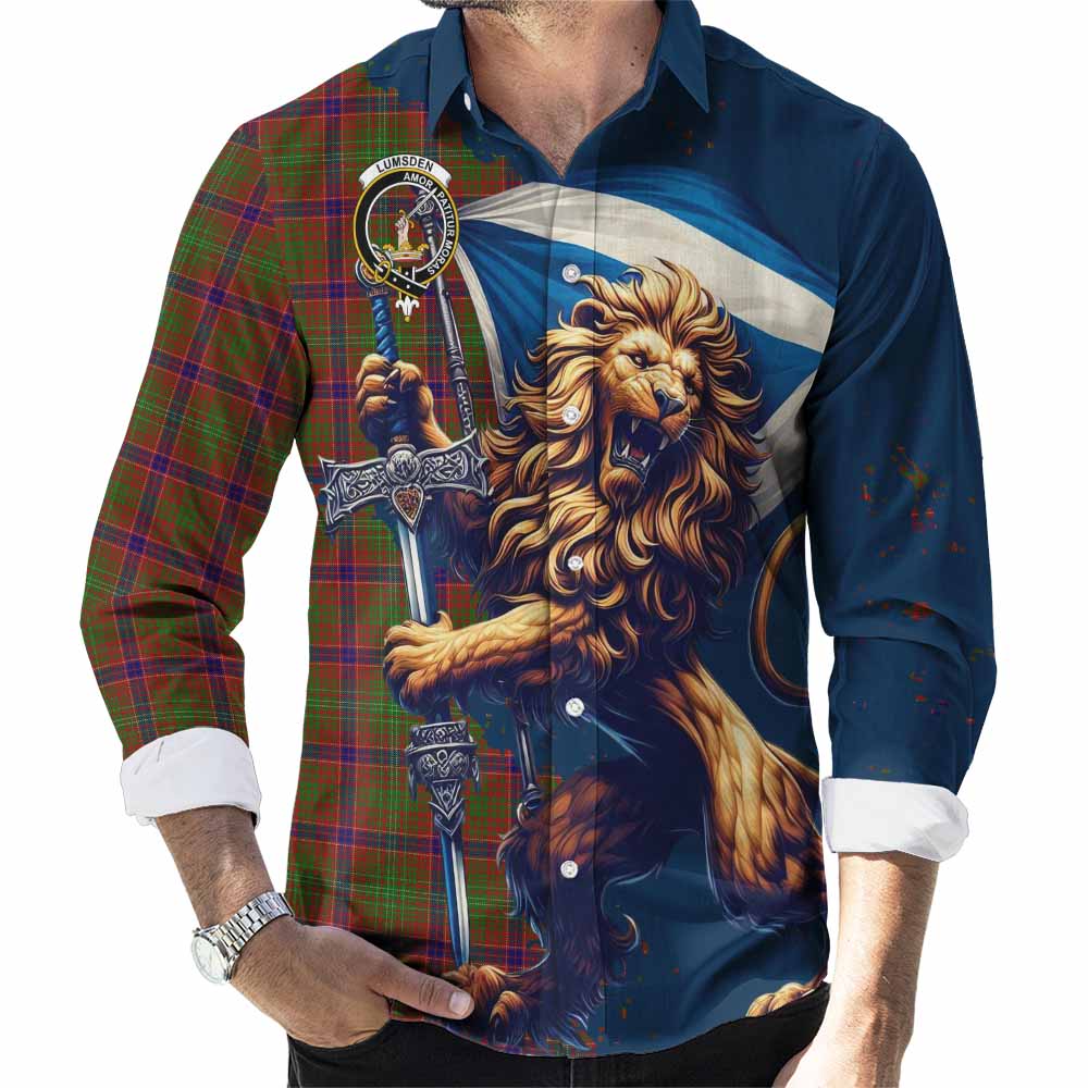 Tartan Vibes Clothing Lumsden Tartan Family Crest Long Sleeve Button Shirt with Scottish Majestic Lion