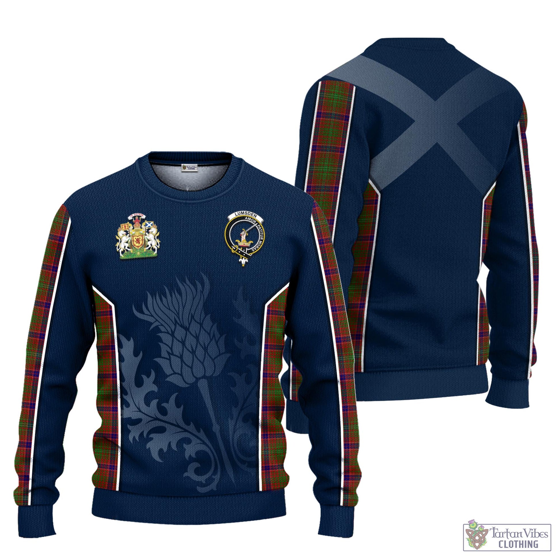 Tartan Vibes Clothing Lumsden Tartan Knitted Sweatshirt with Family Crest and Scottish Thistle Vibes Sport Style