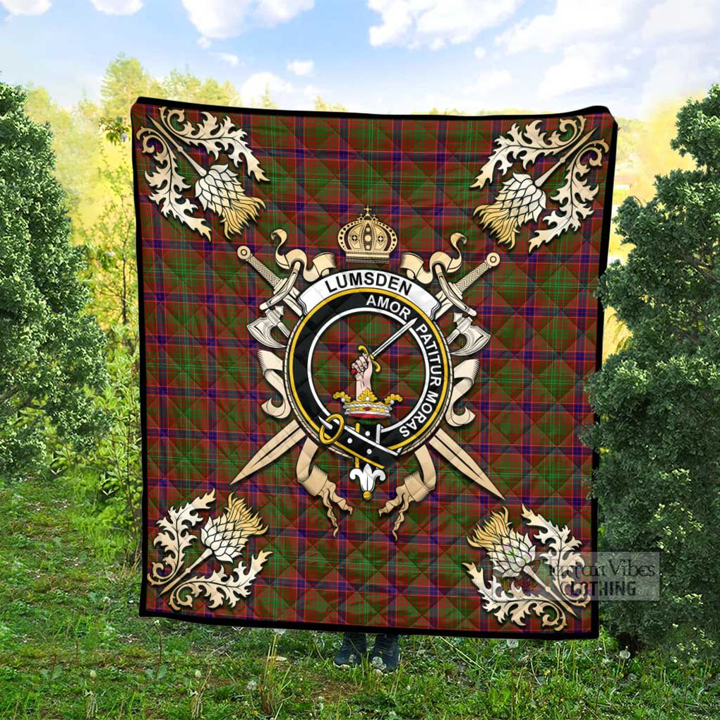 Tartan Vibes Clothing Lumsden Tartan Quilt with Family Crest and Scottish Golden Courage Shield