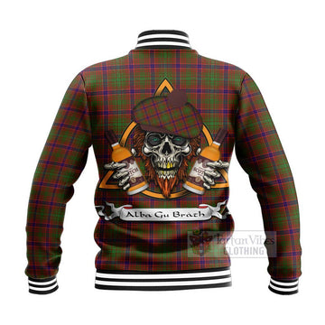 Lumsden Tartan Baseball Jacket with Family Crest and Bearded Skull Holding Bottles of Whiskey