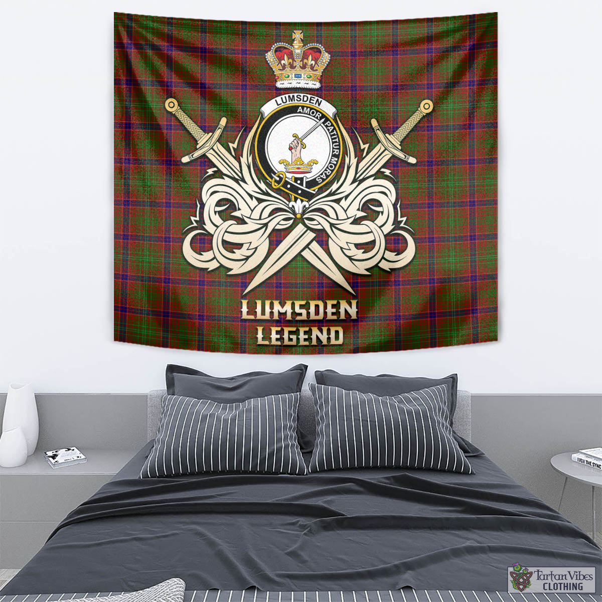 Tartan Vibes Clothing Lumsden Tartan Tapestry with Clan Crest and the Golden Sword of Courageous Legacy