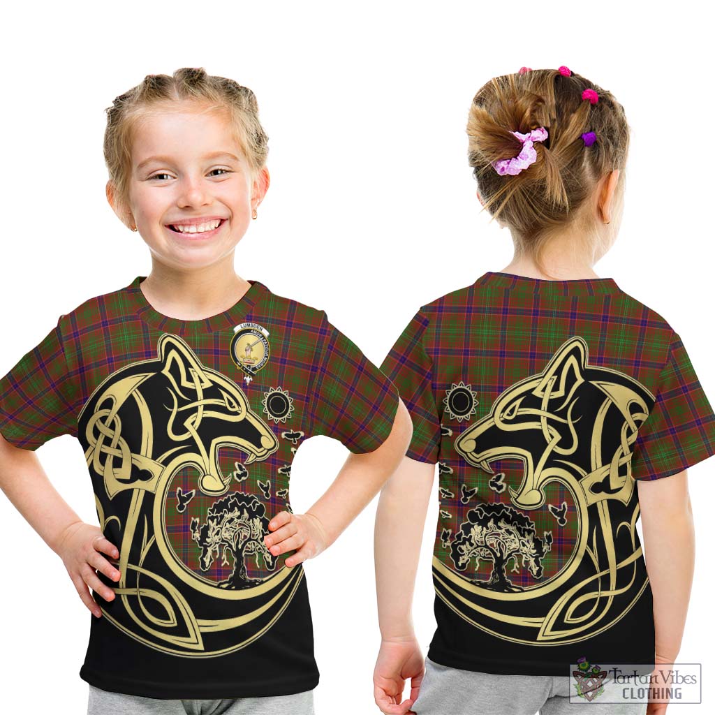 Tartan Vibes Clothing Lumsden Tartan Kid T-Shirt with Family Crest Celtic Wolf Style