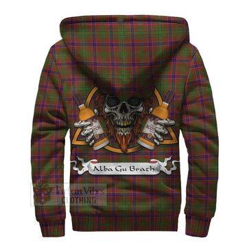 Lumsden Tartan Sherpa Hoodie with Family Crest and Bearded Skull Holding Bottles of Whiskey