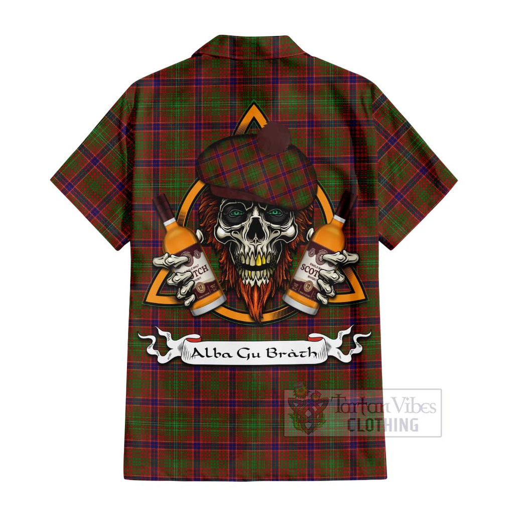 Tartan Vibes Clothing Lumsden Tartan Short Sleeve Button Shirt with Family Crest and Bearded Skull Holding Bottles of Whiskey