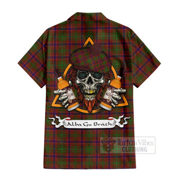 Lumsden Tartan Short Sleeve Button Shirt with Family Crest and Bearded Skull Holding Bottles of Whiskey