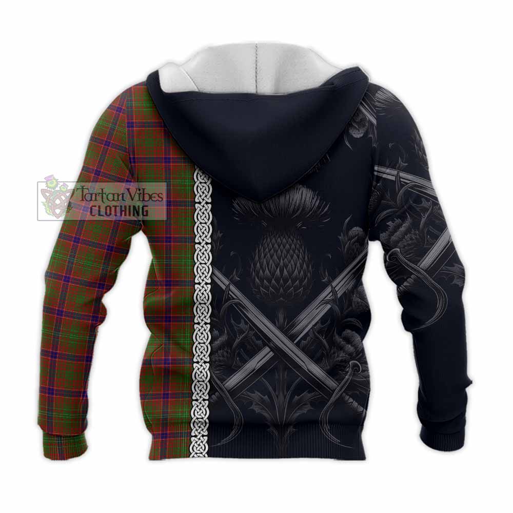 Tartan Vibes Clothing Lumsden Tartan Knitted Hoodie with Family Crest Cross Sword Thistle Celtic Vibes