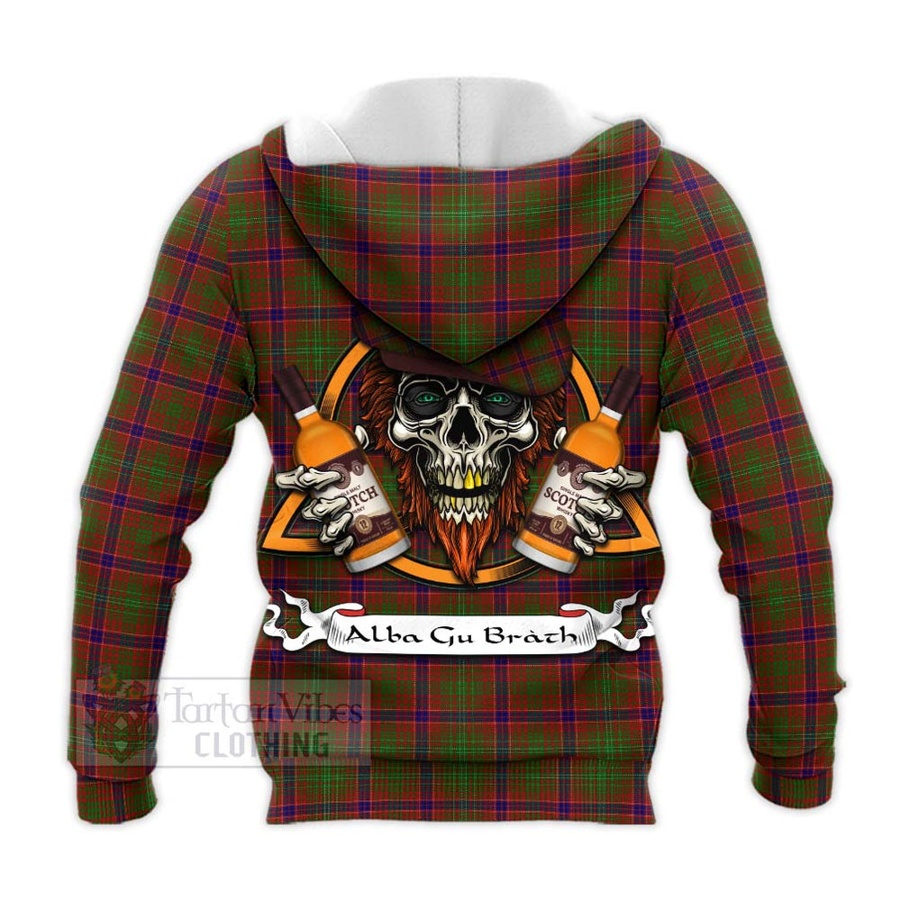 Tartan Vibes Clothing Lumsden Tartan Knitted Hoodie with Family Crest and Bearded Skull Holding Bottles of Whiskey