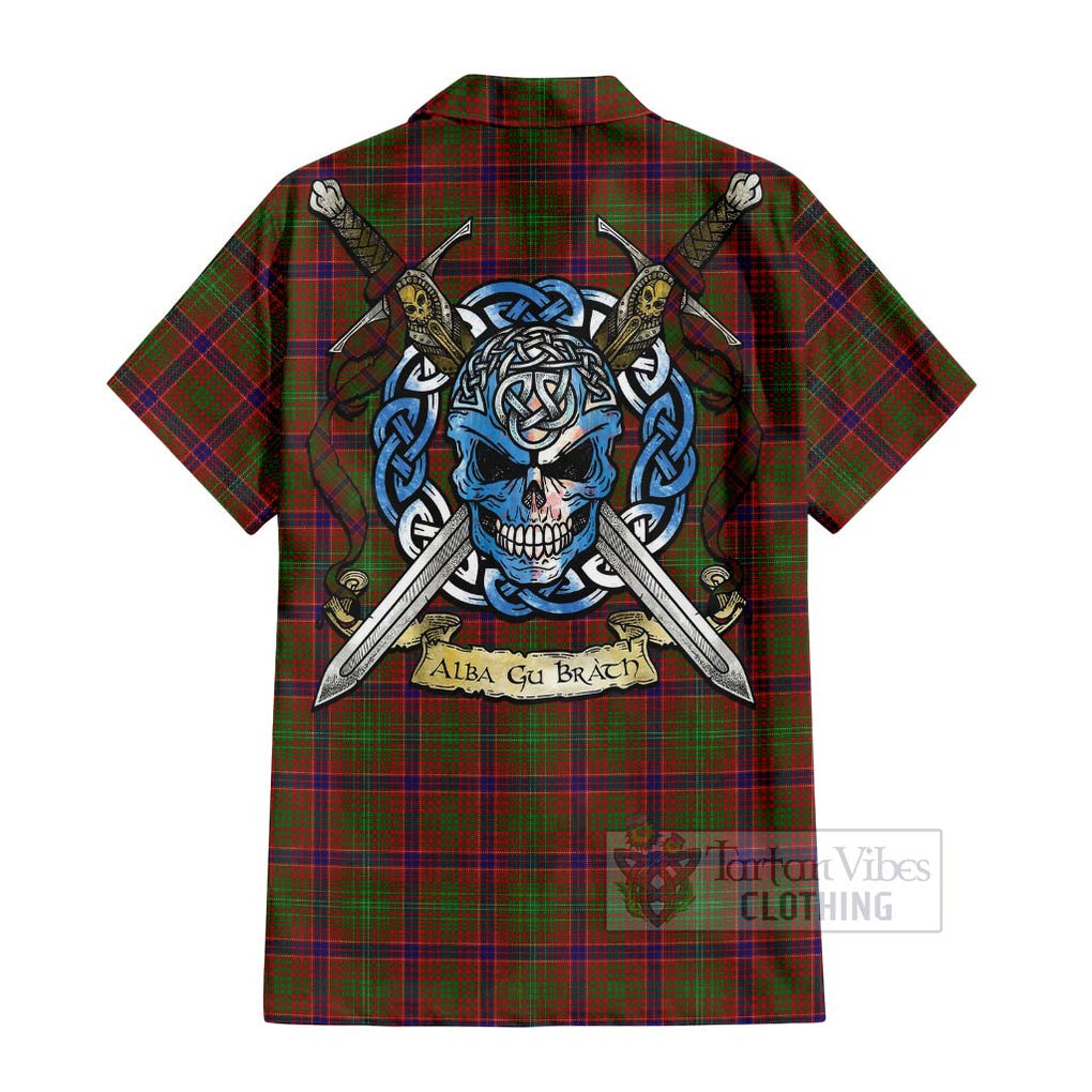 Tartan Vibes Clothing Lumsden Tartan Short Sleeve Button Shirt with Family Crest Celtic Skull Style